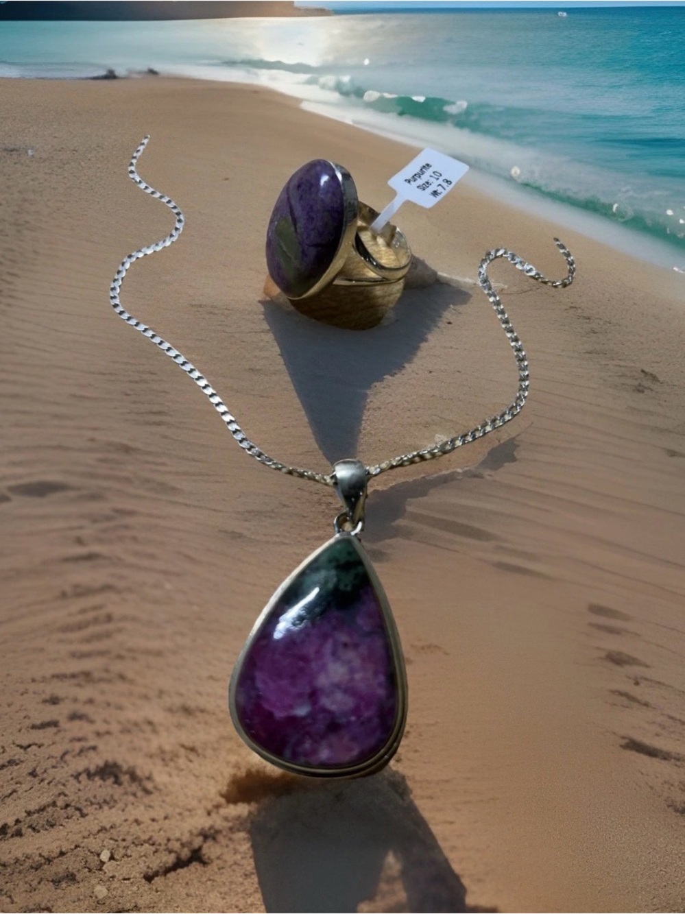 Purpurite Teardrop Pendant Necklace and Ring Set - Sterling Silver